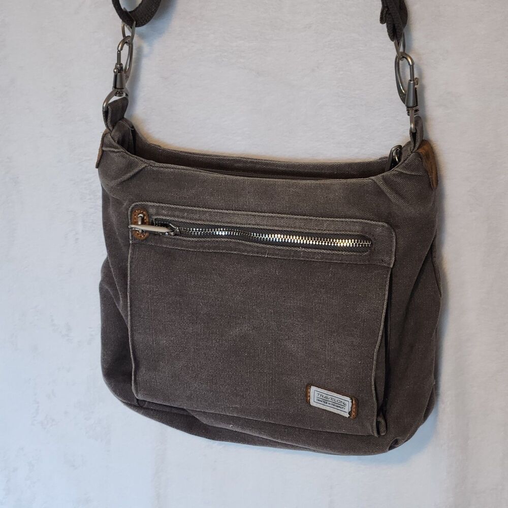 Travelon Anti-Theft Heritage Crossbody Hobo Bag RFID Blocking Pewter Gray Canvas
